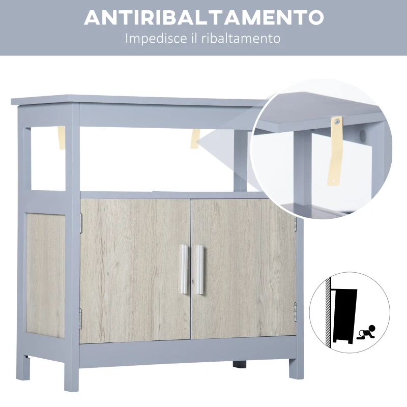 kleankin Mobile Sottolavabo Bagno con Armadietto e Ripiano Aperto, 60x30x62cm, Grigio e Legno Naturale