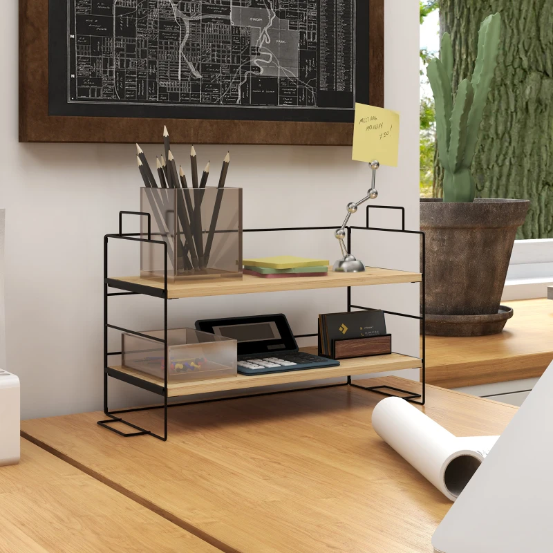 HOMCOM Organisateur de bureau, étagère de rangement à 2 niveaux, 42l x 16,5P x 24,5H cm, étagère en bois structure métal noir