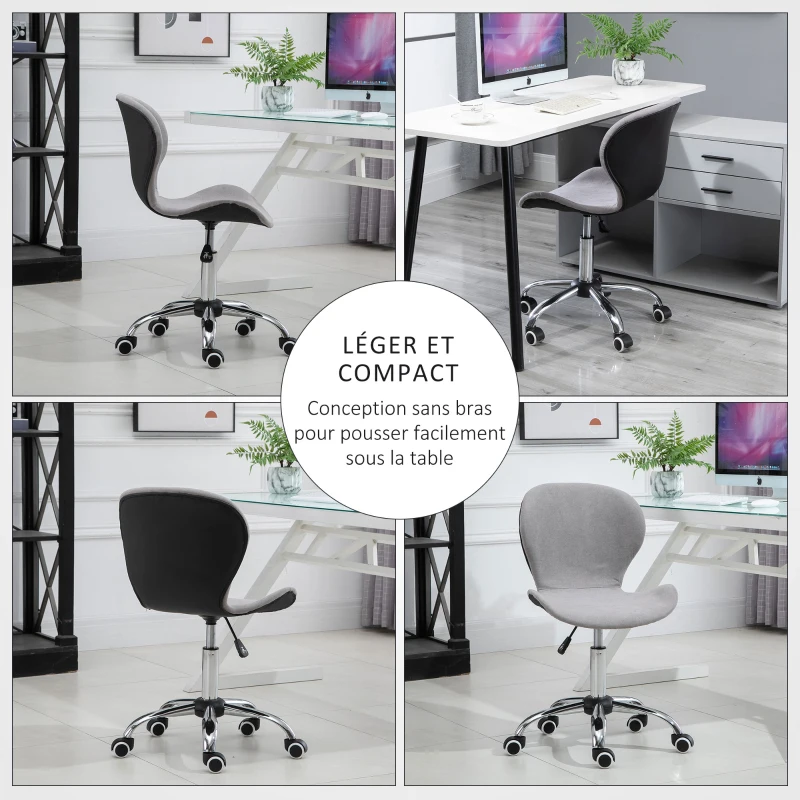 HOMCOM Tabouret à roulette chaise de bureau design contemporain hauteur réglable pivotant 360° piètement chromé velours gris