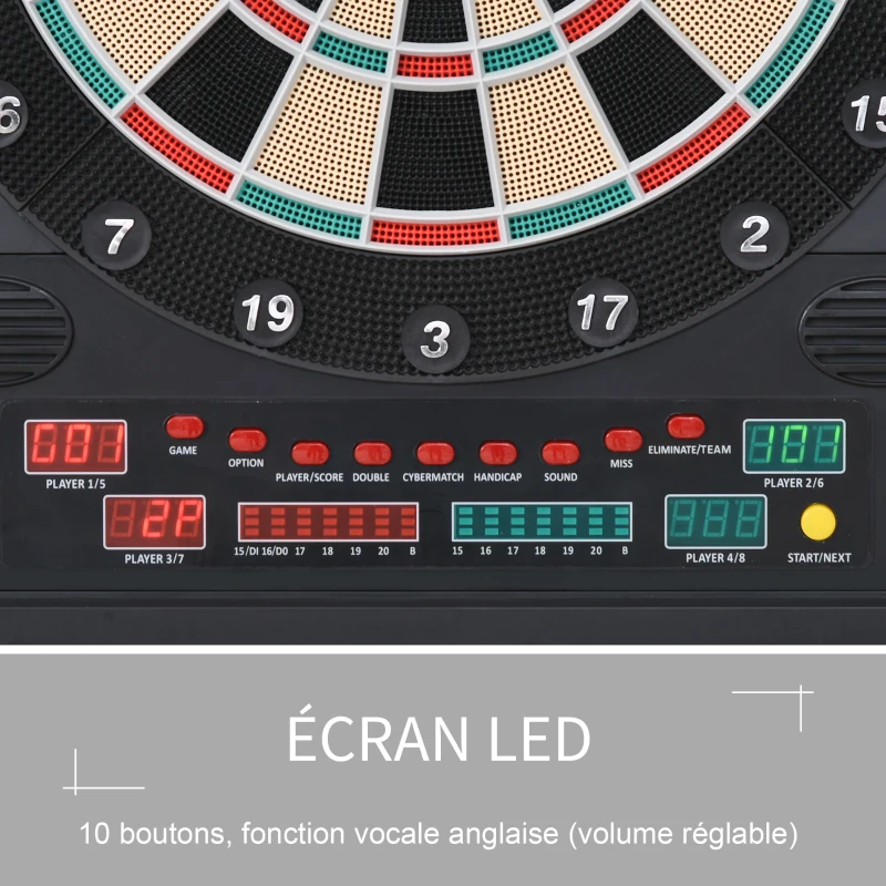 HOMCOM Cible jeu de fléchettes électronique refermable 27 jeux 202 variations jusqu'à 8 joueurs affichage LED haut-parleur 12 fléchettes et 30 pointes souples de rechange noir