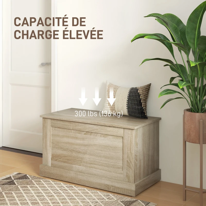 HOMCOM Coffre de rangement, coffre à jouets, avec charnière de sécurité, pour salon, en bois, 80 x 40 x 45 cm, bois naturel