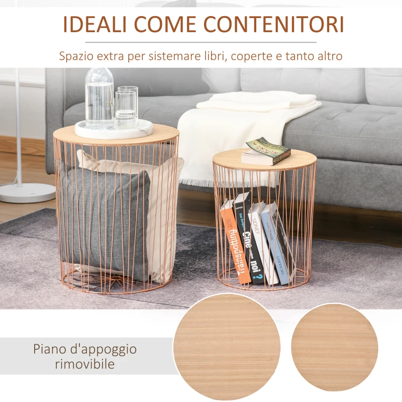 HOMCOM Set 2 Tavolini Contenitori per Salotto, Tavolini Moderni con Piano Rimovibile, in Legno e Metallo - Oro Rosa