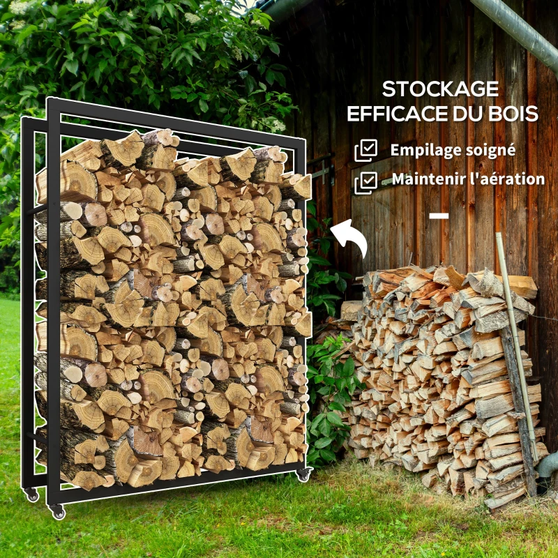 Outsunny Range-bûches porte-bûches avec 4 roues pour intérieur extérieur charge max. 150 kg 120l x 32P x 151H cm métal noir