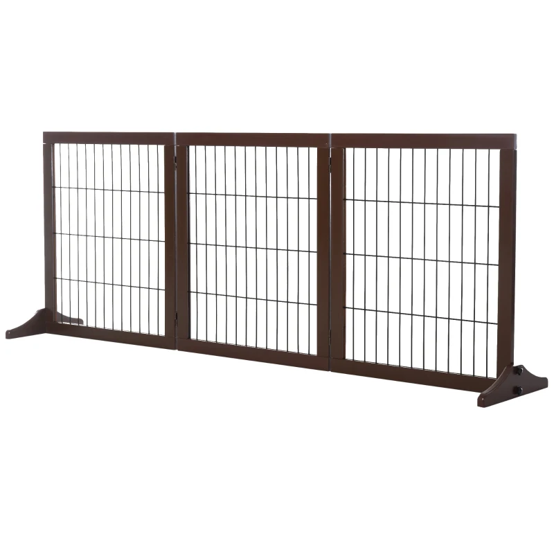 PawHut Freestanding Dog Gate 3 Panel Safety Pet Barrier Foldable w/ Support Feet Brown 185 x71 cm