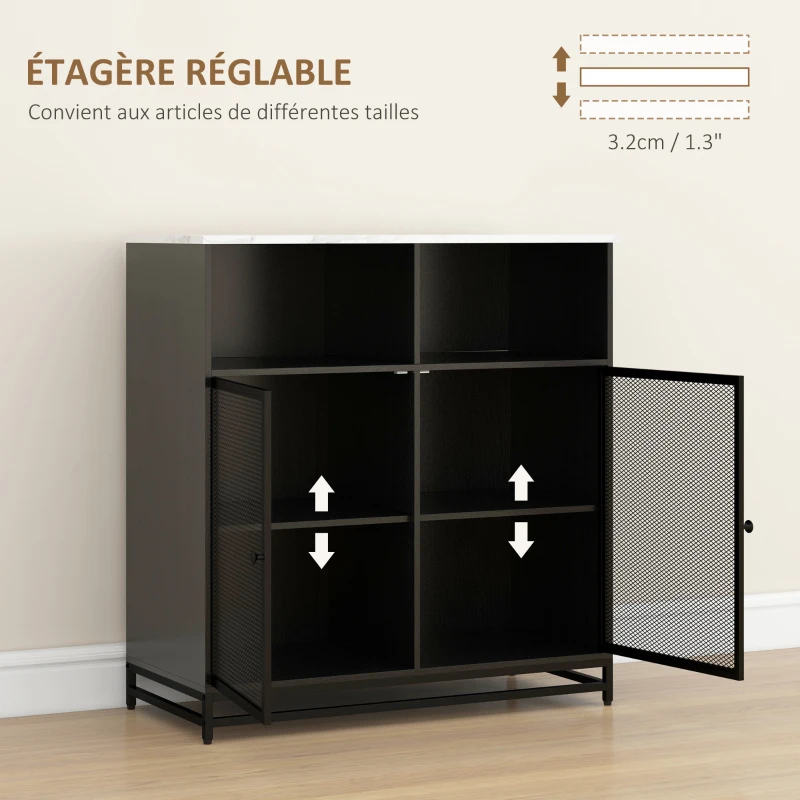 HOMCOM Buffet meuble de rangement plateau aspect marbre et double porte grillagée, 86 x 40 x 90 cm, blanc et noir