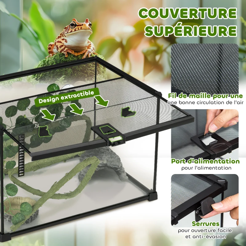 PawHut Boîte à reptiles habitat de terrarium transparent couvercle coulissant treillis métallique noir