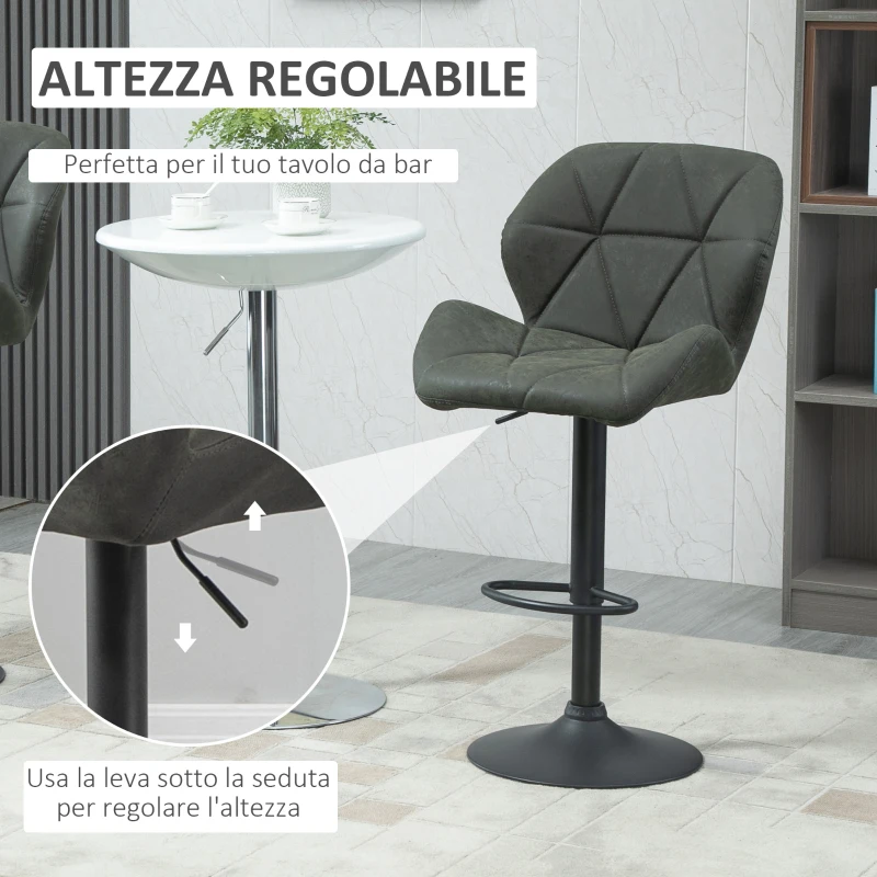 HOMCOM Set 2 Sgabelli da Bar con Altezza Regolabile, Base in Metallo e Seduta in Finta Pelle, Sgabelli con Schienale e Poggiapiedi, 51.5x57.5x93-114.5 cm, Verde Militare