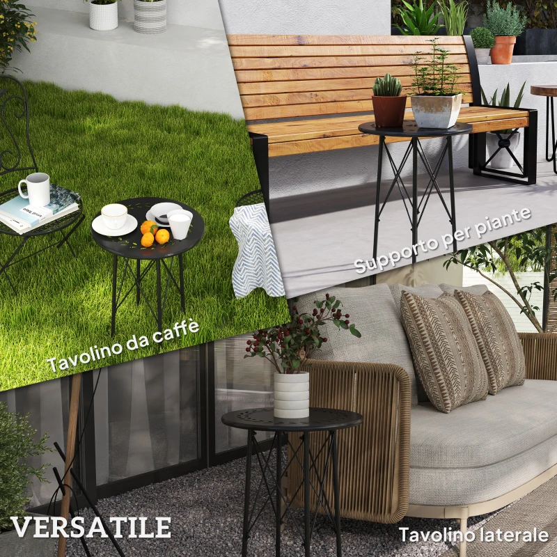 Outsunny Tavolino da Giardino con Intagli a Fiori e Foglie, Tavolo da Esterno e Interno, Ø40x50 cm, Nero