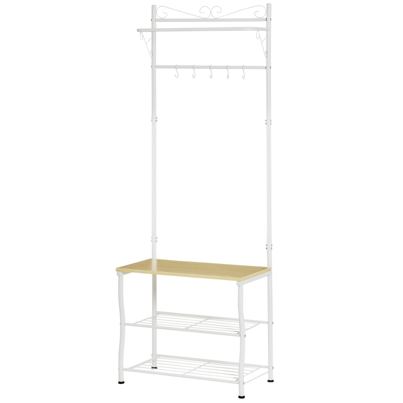 HOMCOM Stand Appendiabiti Attaccapanni per Ingresso Scarpiera a 2 Ripiani 5 Ganci Metallo 60 × 35 × 175cm Bianco e Color Legno
