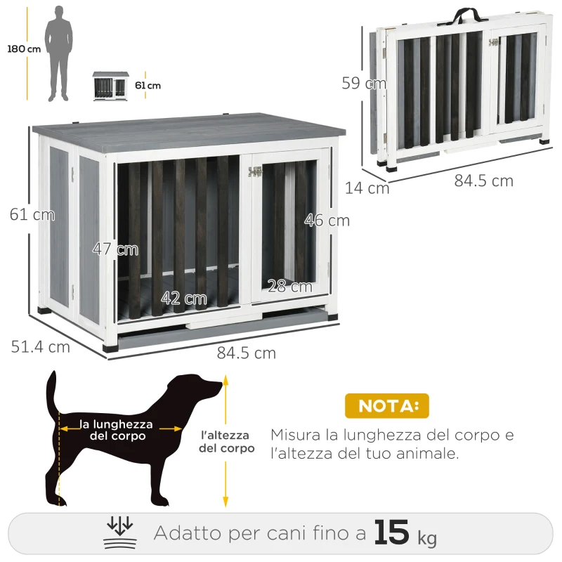 PawHut Gabbia Pieghevole per Cani Fino 15kg in Legno con Vassoio Estraibile e Tetto Apribile, Grigio