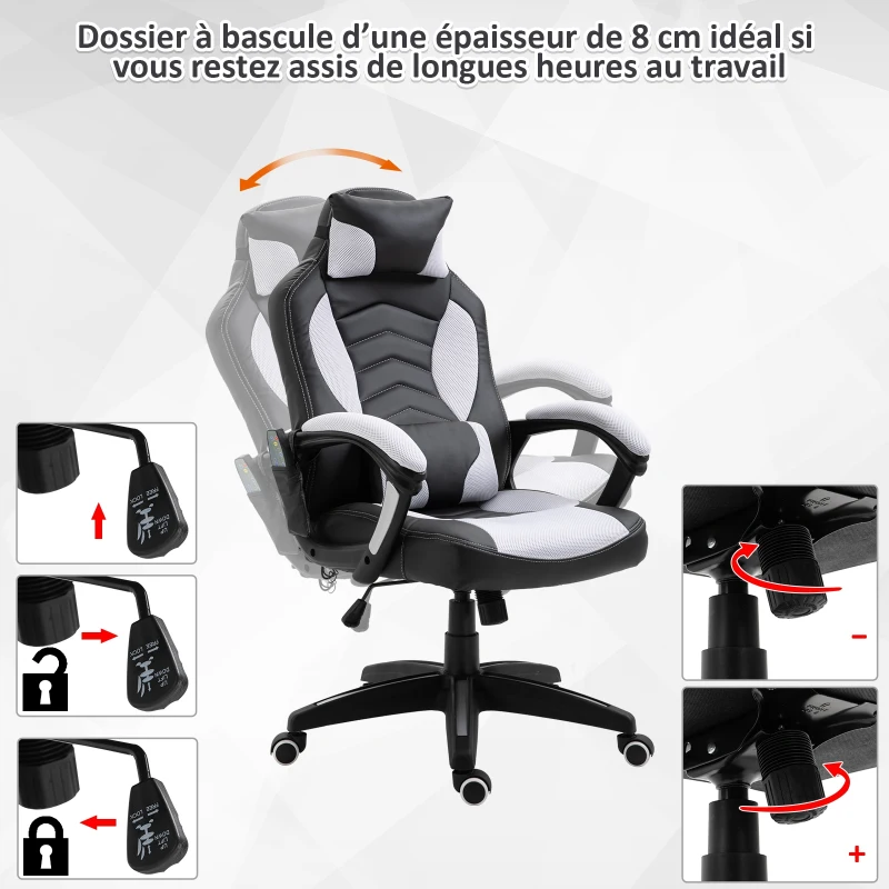 Homcom Fauteil de Bureau Massant et Chauffant Blanc 68 x 69 x 117 cm
