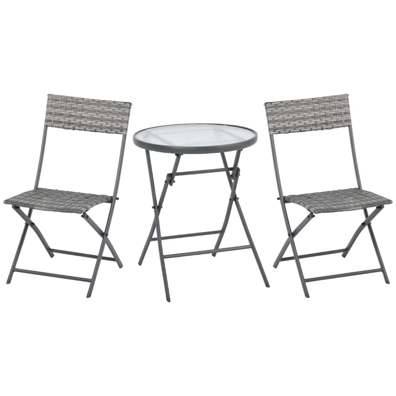Outsunny 3 Pieces Rattan Bistro Set, Wicker Folding Garden Furniture Set with Glass Top Coffee Table and Chairs for Outdoor, Patio, Balcony, Grey