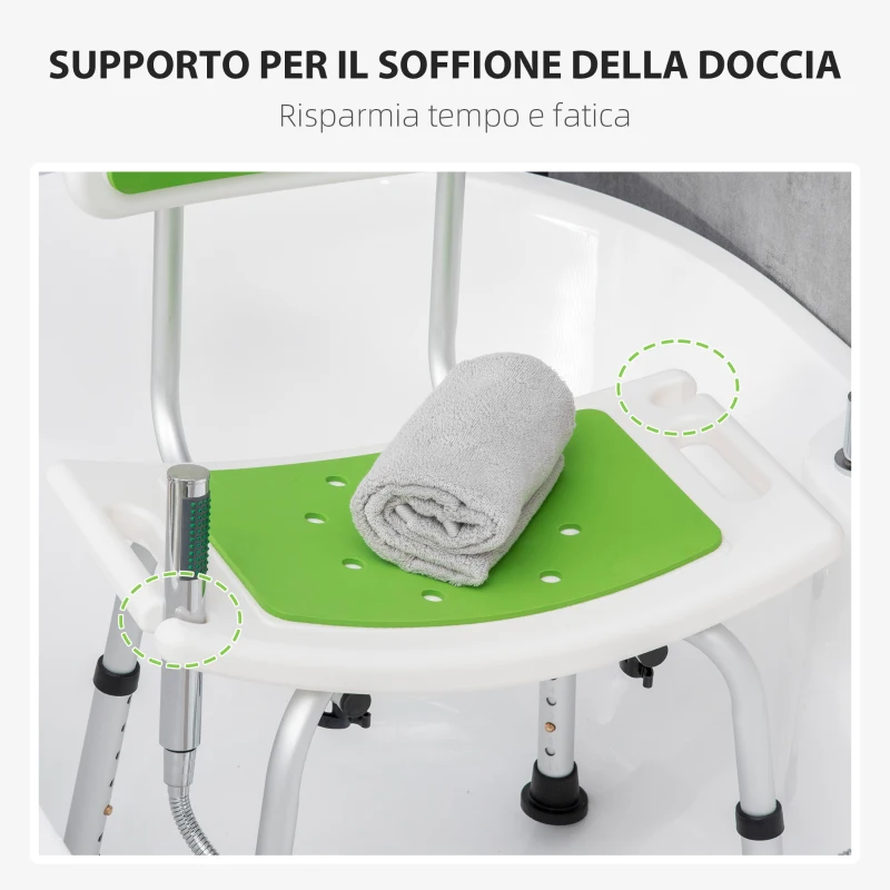 HOMCOM Sedia per Doccia in Alluminio ed EVA con Altezza Regolabile su 6 Livelli e Schienale Ricurvo, 51.5x49.5x68.5-81 cm