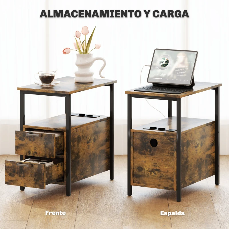 HOMCOM Mesa Auxiliar con Estación de Carga y Toma de Corriente Mesita de Noche con Cajones y Estantería Abierta Marrón Rústico