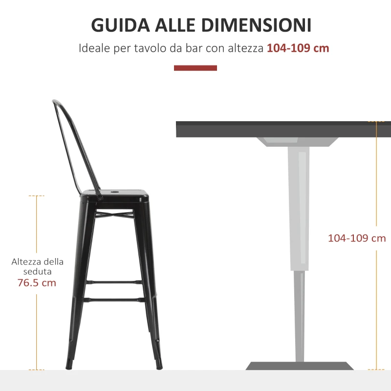 HOMCOM Set 4 Sgabelli Ergonomici con Schienale Rimovibile e Poggiapiedi, Sgabelli da Cucina in Metallo, 44x46x116 cm, Nero