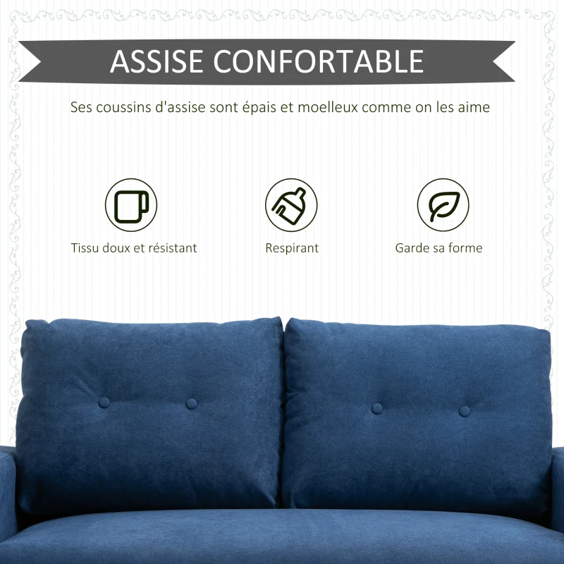 HOMCOM Canapé 2 Places Design scandinave dim. 145L x 76l x 88H cm Pieds Bois Massif Tissu Bleu