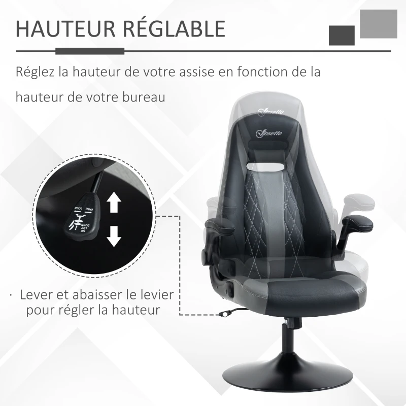 Vinsetto Chaise de gaming ergonomique avec base ronde métal pivotante 360° hauteur réglable têtière accoudoirs relevables PVC gris noir