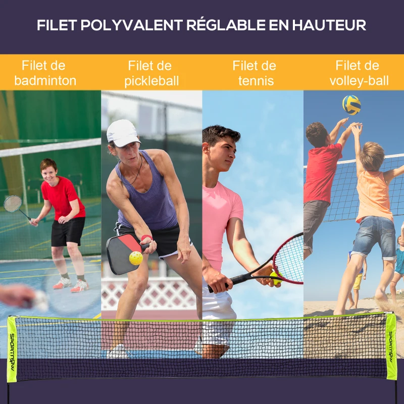SPORTNOW Filet de badminton, filet portable, hauteur ajustable 107-155 cm, avec sac de transport, cadre métallique, noir, jaune