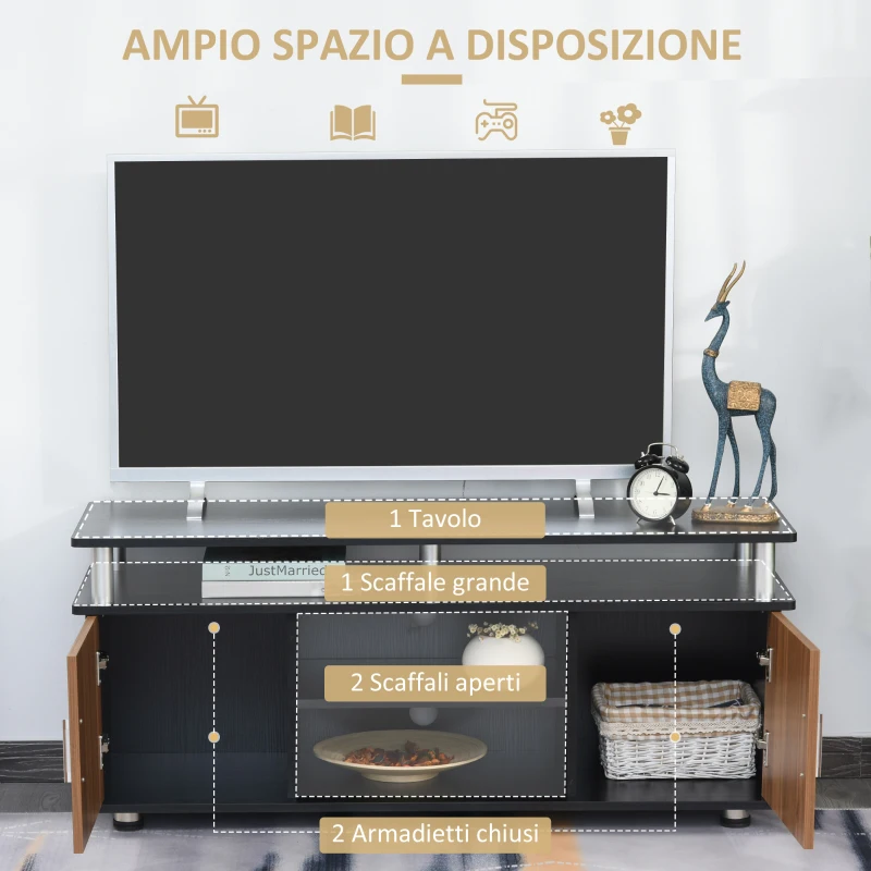 HOMCOM Mobile Porta TV Fino a 55" con Armadietti e Ripiani in Legno e Alluminio, 120x40x52.2cm
