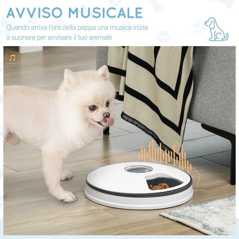 PawHut Distributore Automatico Cibo Cani e Gatti, 6 Pasti Ciotole con Timer e Display LED a Batterie, Dispenser Cibo per Piccoli Animali con Musica
