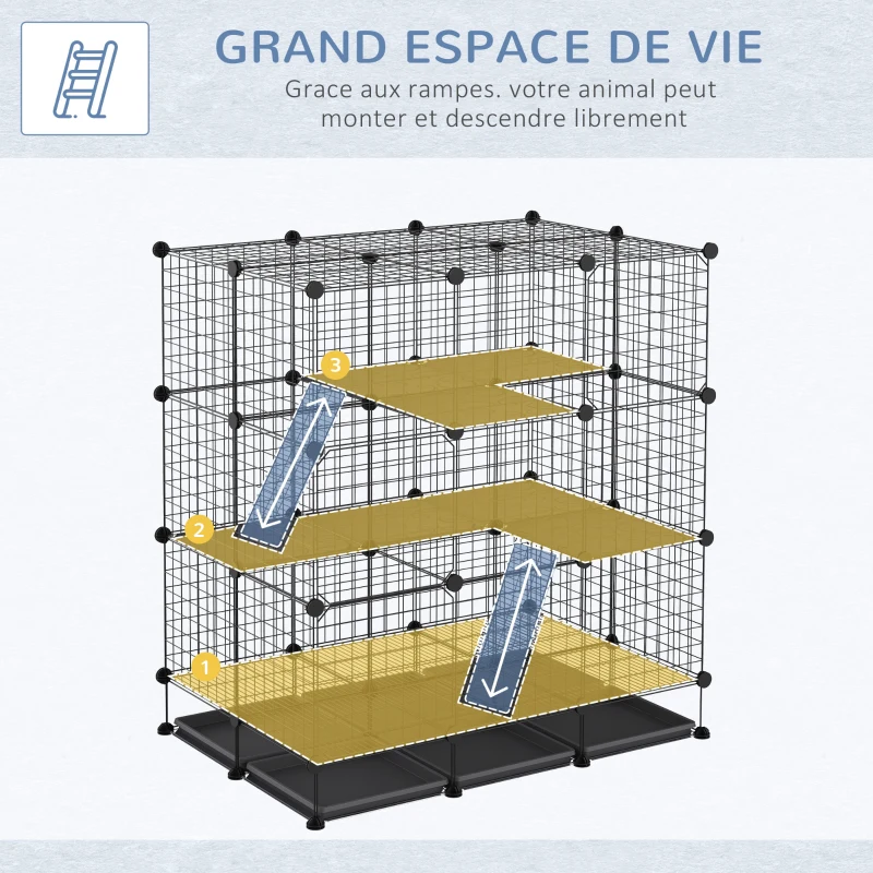 PawHut Cage parc enclos rongeurs modulable dim. L 111 x l 75 x H 119 cm 3 niveaux 4 portes fil métallique noir