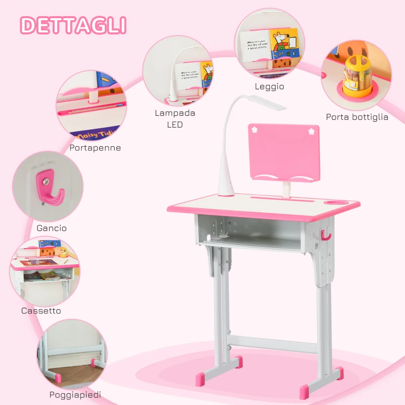 Set Scrivania e Sedia per Bambini 6-12 Anni ad Altezza Regolabili, Banco Scuola con Lampada, Cassetto, Gancio, Portapenne e Leggio, Set Banco con Sedia per Bambini in Acciaio e MDF, Rosa