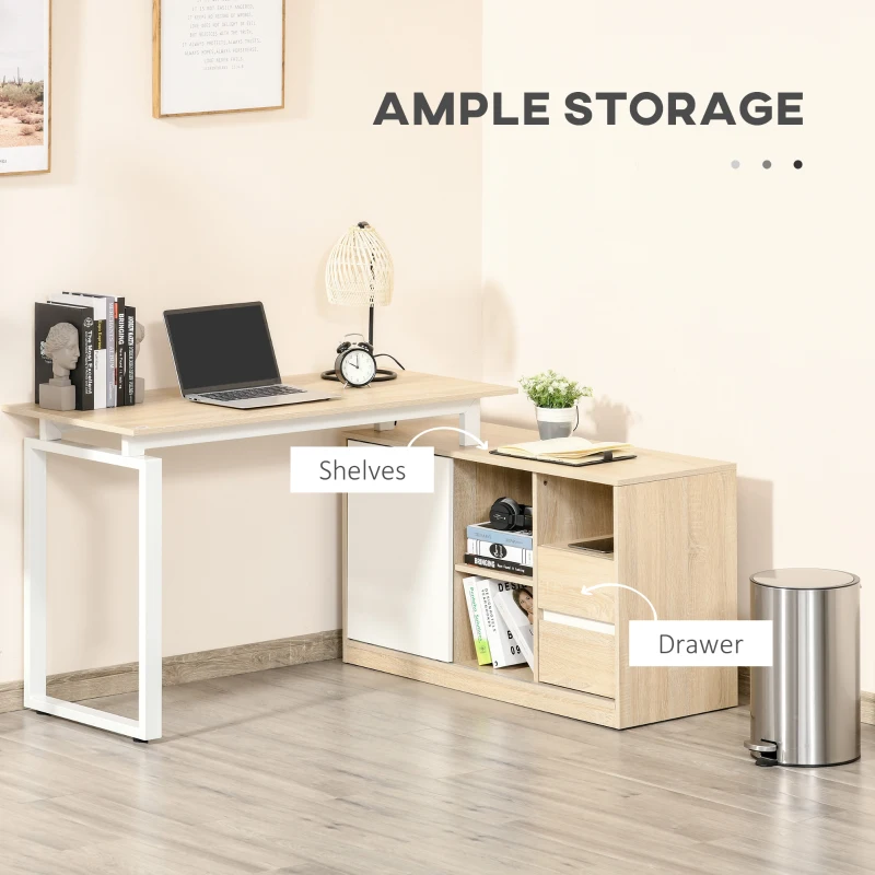 HOMCOM L-Shaped Home Office Computer Desk with Storage Shelf, Drawer, Corner PC Table Writing Workstation, Oak Beige White