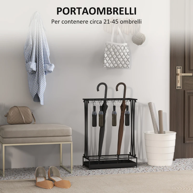 HOMCOM Portaombrelli con Vaschetta per l'Acqua, 21 Fori e 24 Ganci per Ombrello, in Acciaio, 50x24x68 cm, Nero
