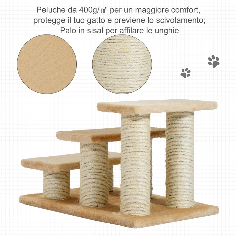 Pawhut - Scaletta Rampa in Legno e Peluche Tiragraffi per Gatti Animali Domestici 45 × 35 × 34cm Beige