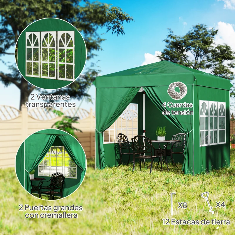 Outsunny Carpa Plegable Pop-up 2,5x2,5 m con 4 Paredes Laterales Anti-UV Altura Ajustable y Bolsa de Transporte Verde Oscuro