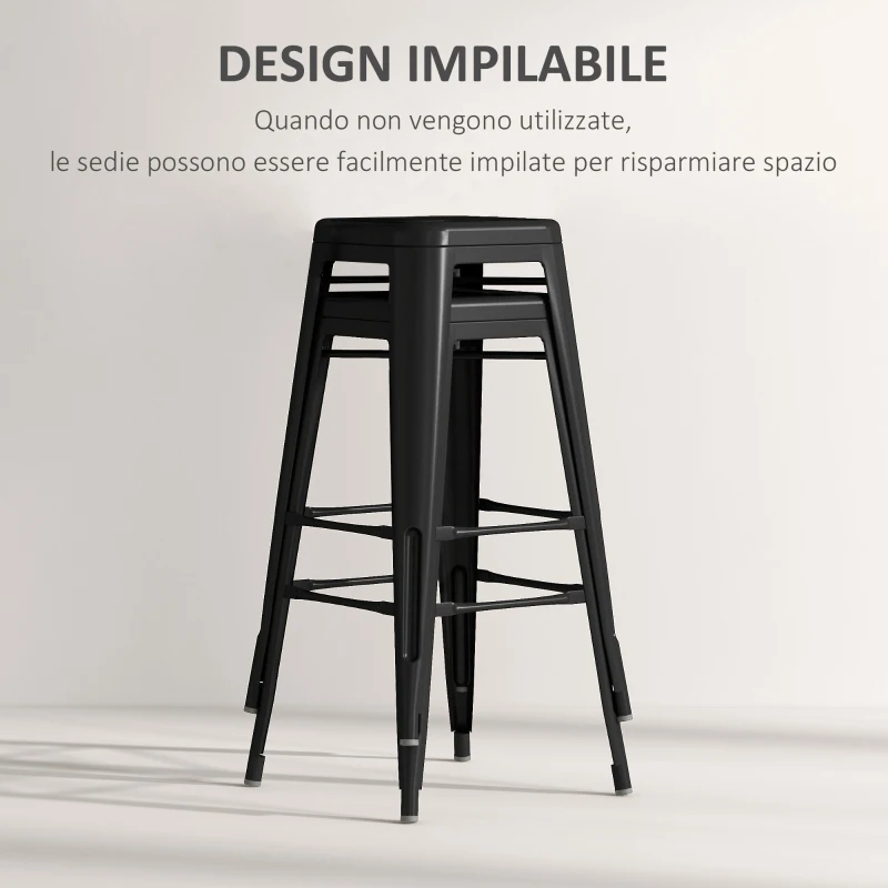 HOMCOM Set 2 Sgabelli da Bar Industriale con Schienale Rimovibile e Poggiapiedi, in Metallo, 44x49x116 cm, Nero