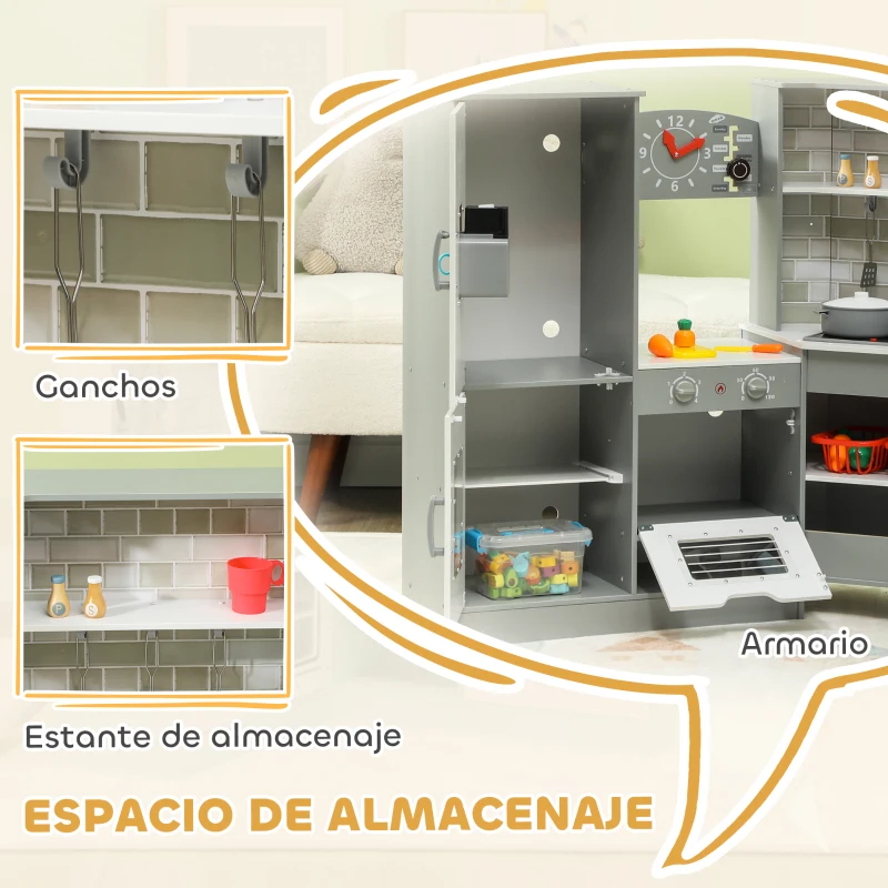 AIYAPLAY Cocinita Infantil con Sonido Fogón Horno Grifo Fregadero Microondas Lavadora Máquina de Hielo y Accesorio de Cocina Gris