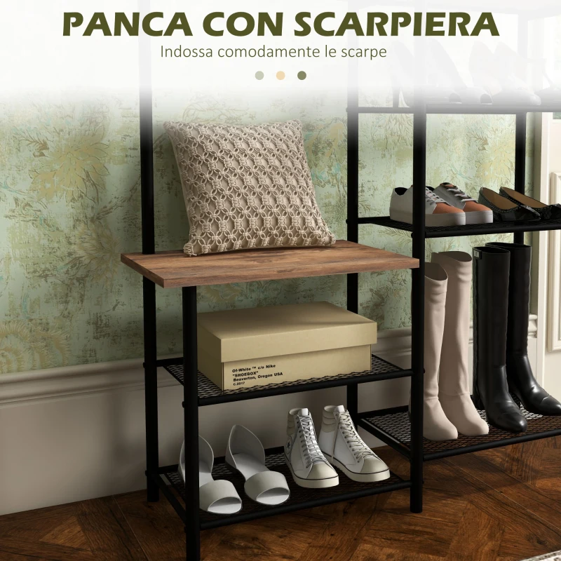 HOMCOM Appendiabiti da Terra a 6 Ganci in Truciolato e Acciaio con Mobile Scarpiera Portaoggetti, 92.5x28.2x182 cm