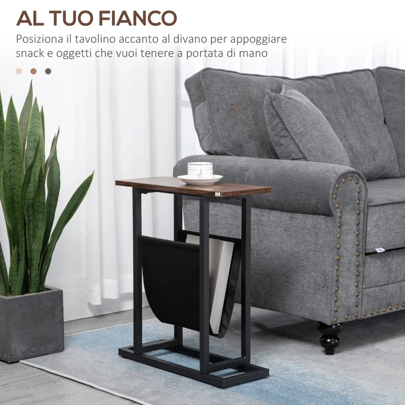 HOMCOM Tavolino da Salotto in Truciolato e Acciaio con Borsa Portaoggetti in Tessuto Oxford, 49x19x55 cm, Marrone e Nero