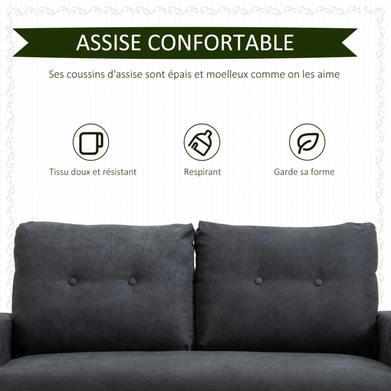 HOMCOM Canapé 2 Places Design scandinave dim. 145L x 76l x 88H cm Pieds Bois Massif Tissu Gris foncé