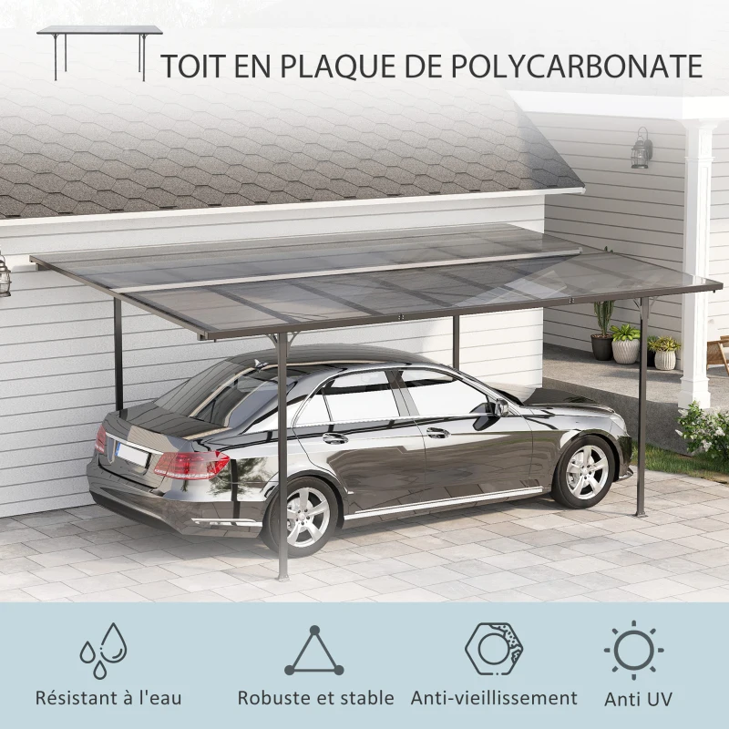 Outsunny Pergola rigide alu. polycarbonate pavillon de jardin abri de voiture 500 x 299 x 195/223 cm gris