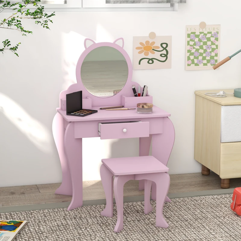 ZONEKIZ Kids Vanity Table with Mirror, Stool, Drawer, Storage Boxes, Cat Design, for Ages 3-6 Years - Pink