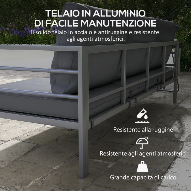Outsunny Divano da Giardino 3 Posti con Cuscini per Seduta e Schienale, in Alluminio, 185x66x64 cm, Grigio