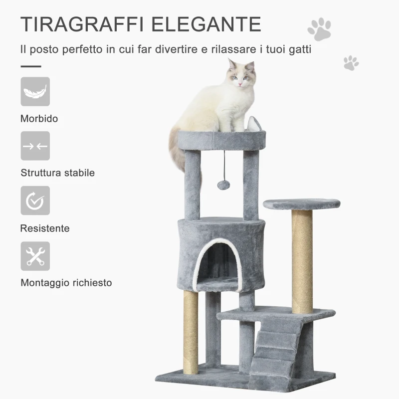 PawHut Albero Tiragraffi per Gatti con Trespolo, Casetta, Rampa e Pallina, in Legno e Peluche, 60x40x100 cm, Grigio Chiaro