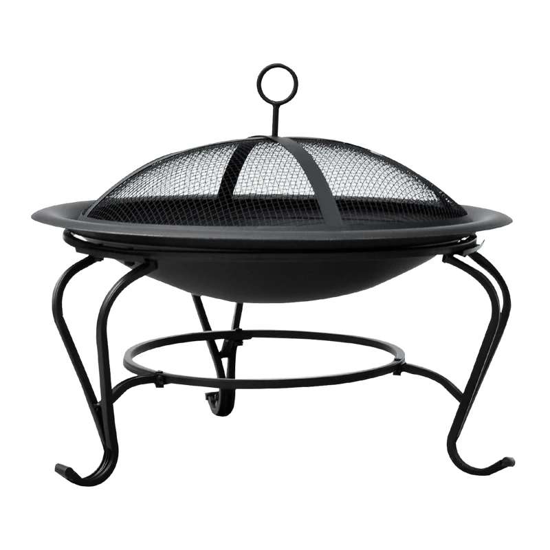 Outsunny Metal Firepit Bowl Outdoor Round Fire Pit w/ Lid, Log Grate, Poker for Backyard, Camping, BBQ, Bonfire, Wood Burning Stove, 56 x 56 x 45cm, Black