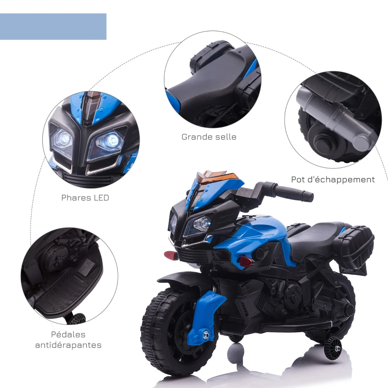 HOMCOM Moto électrique Enfant 6 V 3 Km/h Effet Lumineux et sonore roulettes Amovibles Repose-Pied valises latérales métal PP Bleu Noir(m-8)