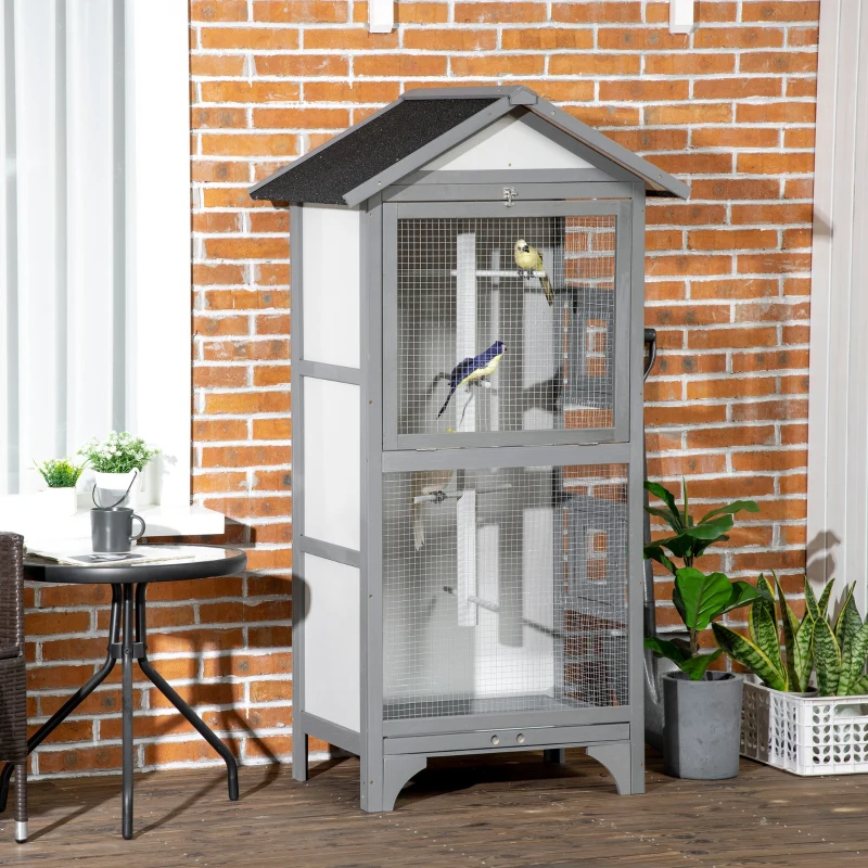 PawHut Wooden Outdoor Bird Cage, for Finches and Canaries, with Removable Tray, Asphalt Roof - Grey