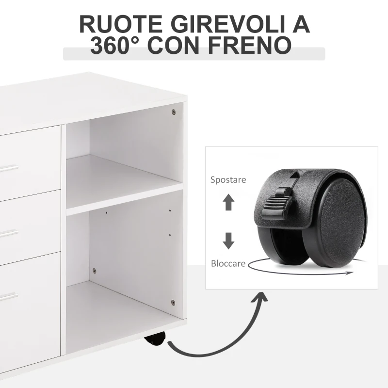 HOMCOM Mobile Porta Stampante con 3 Cassetti in Legno, Mobile Ufficio Multiuso con 4 Ruote e Ripiani Aperti, 80x40x65cm, Bianco