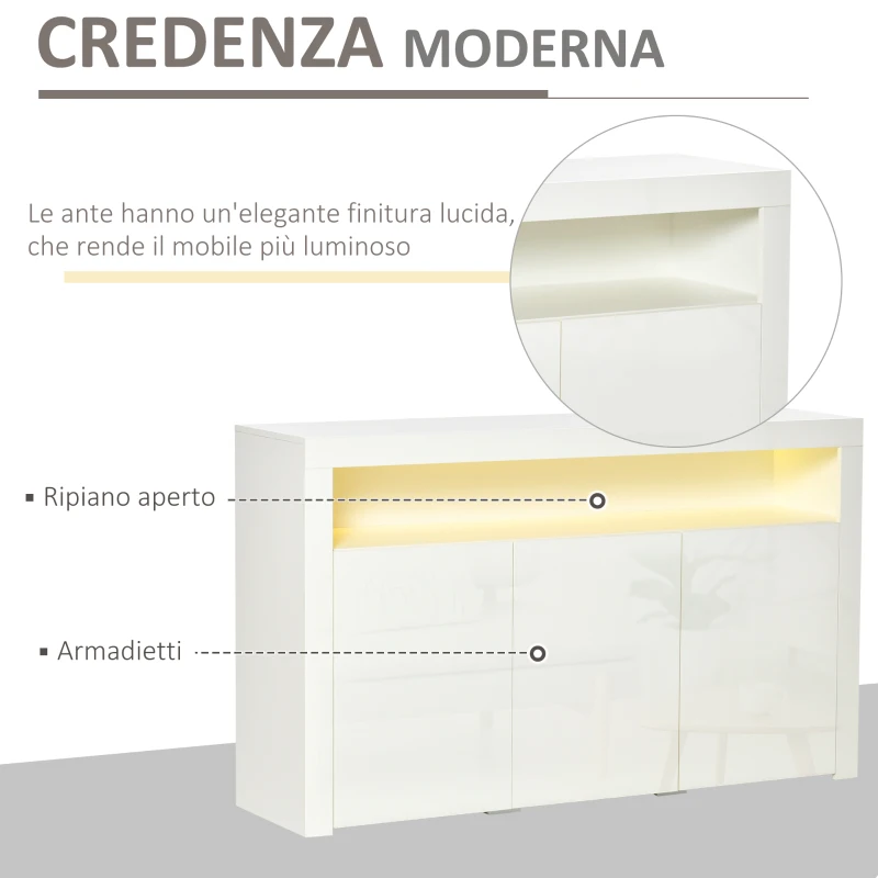 HOMCOM Credenza Moderna 3 Ante con Luci LED Colorate e Telecomando in Legno, 155x40x92cm - Bianco