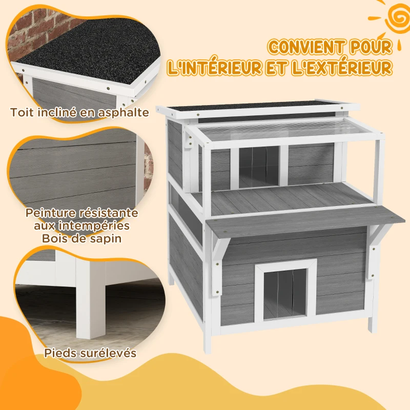 PawHut Maison pour chats 2 niveaux avec balcon abrité, toit ouvrable, extérieur, intérieur, gris clair