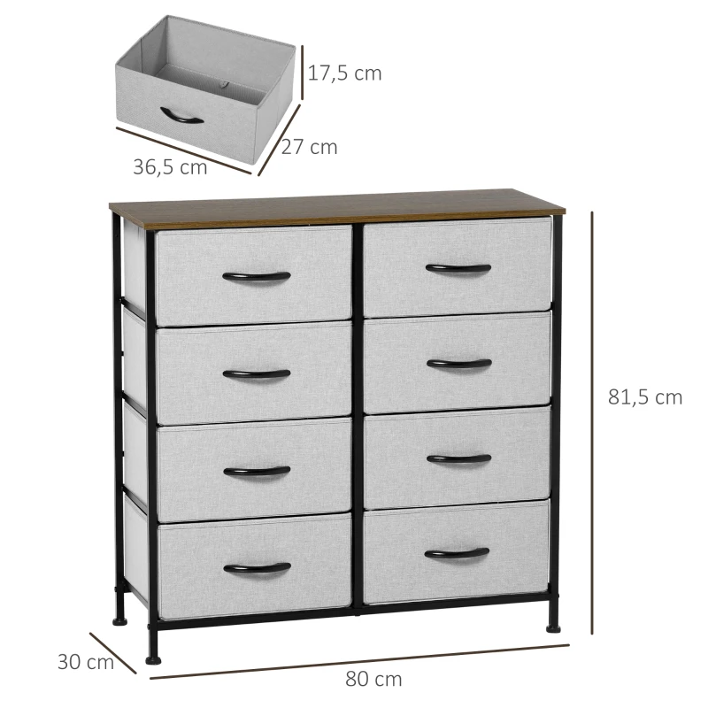 HOMCOM Commode à 8 tiroirs en tissu non tissé meuble de rangement tiroir pliant - structure acier 80 x 30 x 81,5 cm noir