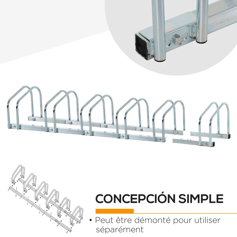 HOMCOM Râtelier 6 vélos range-vélos support de rangement pneu 65 mm sol ou mural pour VTT enfants BMX 179 x 33 x 27 cm acier argent