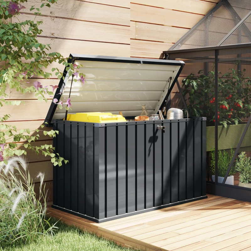 Outsunny Ladă de Exterior de 400L cu Capac cu Două Pârghii, Încuietoare și 2 Chei, 124x66x72 cm, Gri Închis