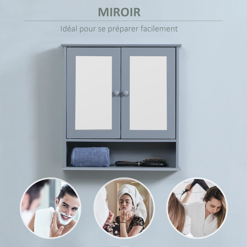 kleankin Armoire Murale étagère Salle de Bain 56L x 13l x 58H cm Double Porte Miroir étagère réglable MDF Gris