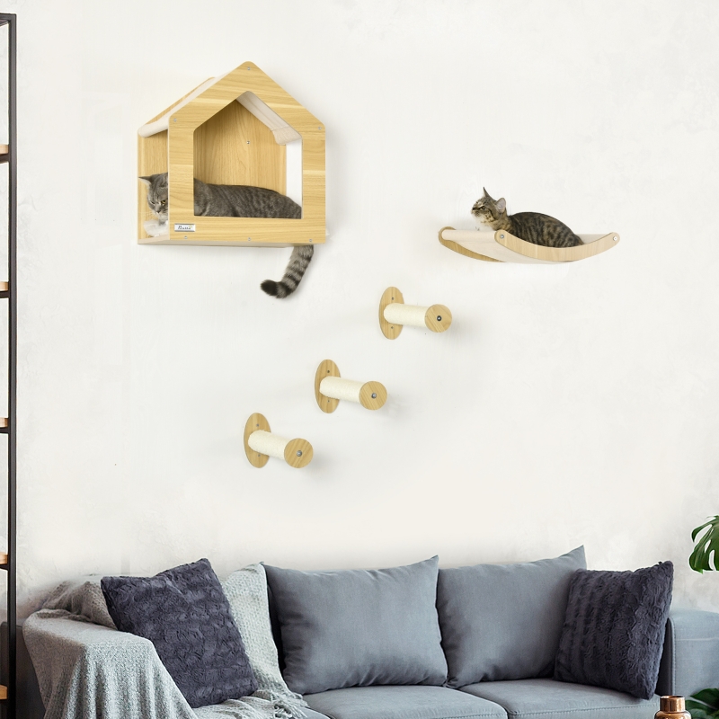 PawHut Wall Mounted Cat Shelves, with House, Hammock, Scratching Post - Oak Tone
